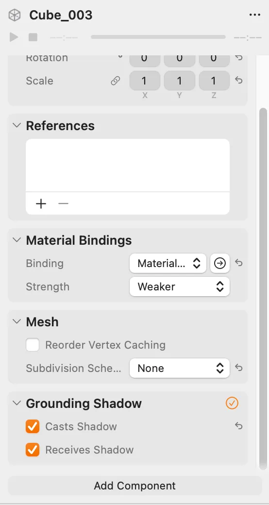 The desired configuration of the GroundingShadow Component in the Reality Composer Pro application